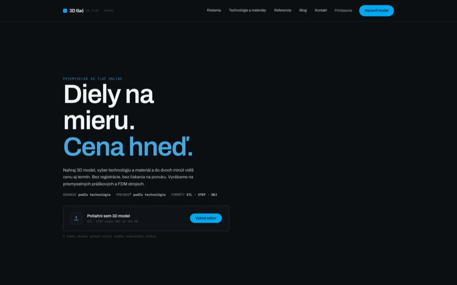 Návrh domovskej stránky pre výrobcu 3D tlače, ukážka