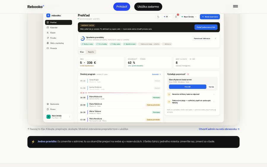 Admin na skúšku na rebooko.com: verejná ukážka adminu s fiktívnou prevádzkou
