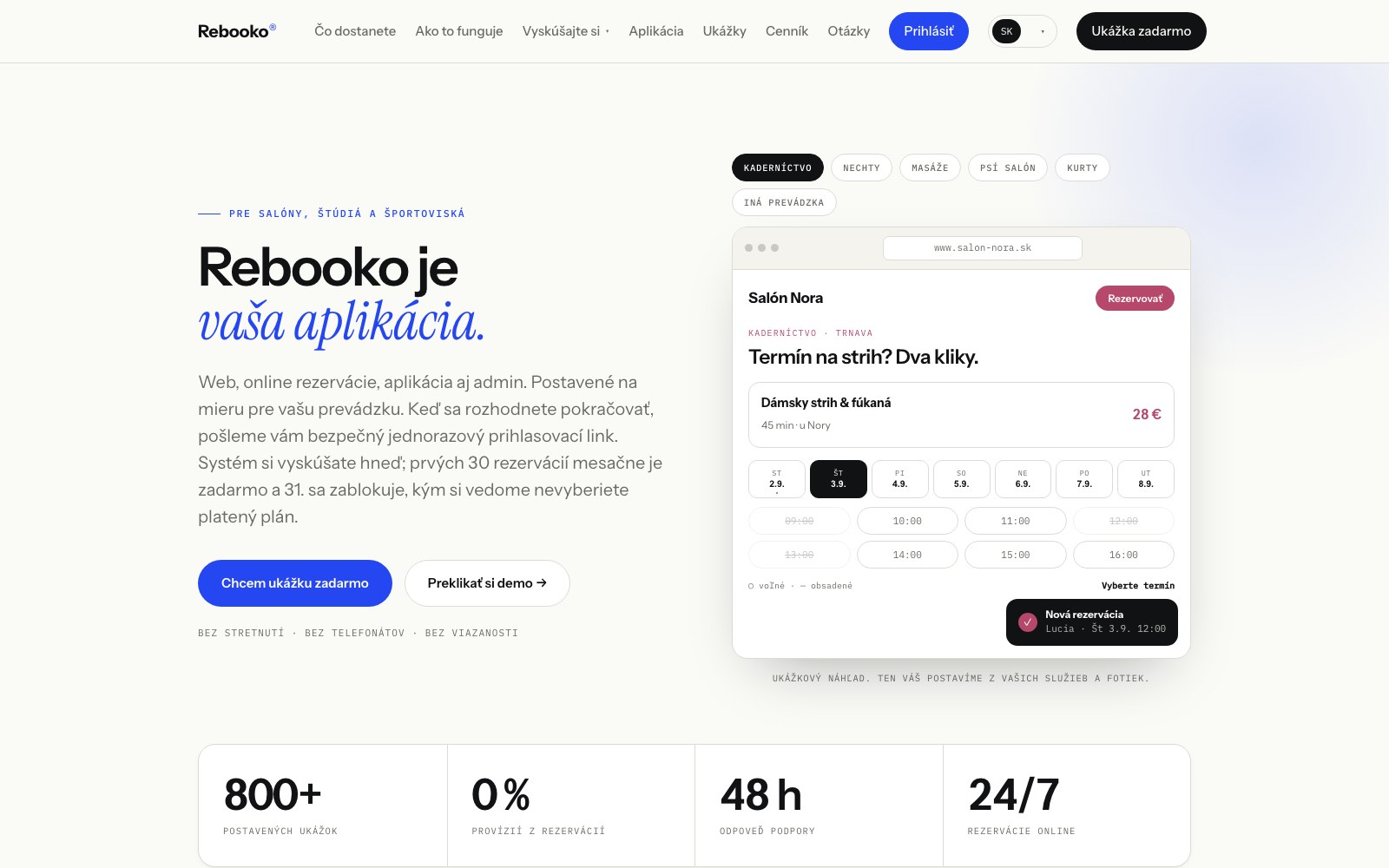 Domovská stránka rebooko.com s ukážkou rezervačného webu salónu